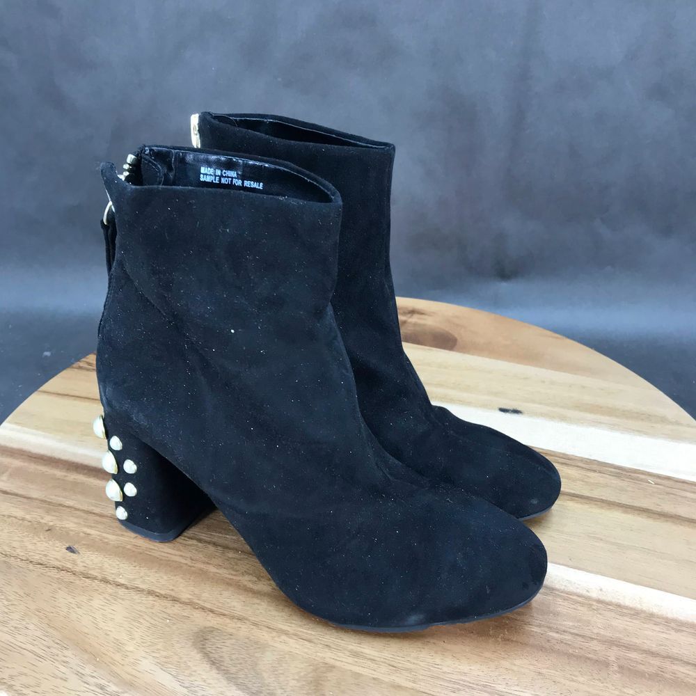 Worthington Black Embellished Suede Block Heel‎ Zip Up Booties Boots Womens 6
